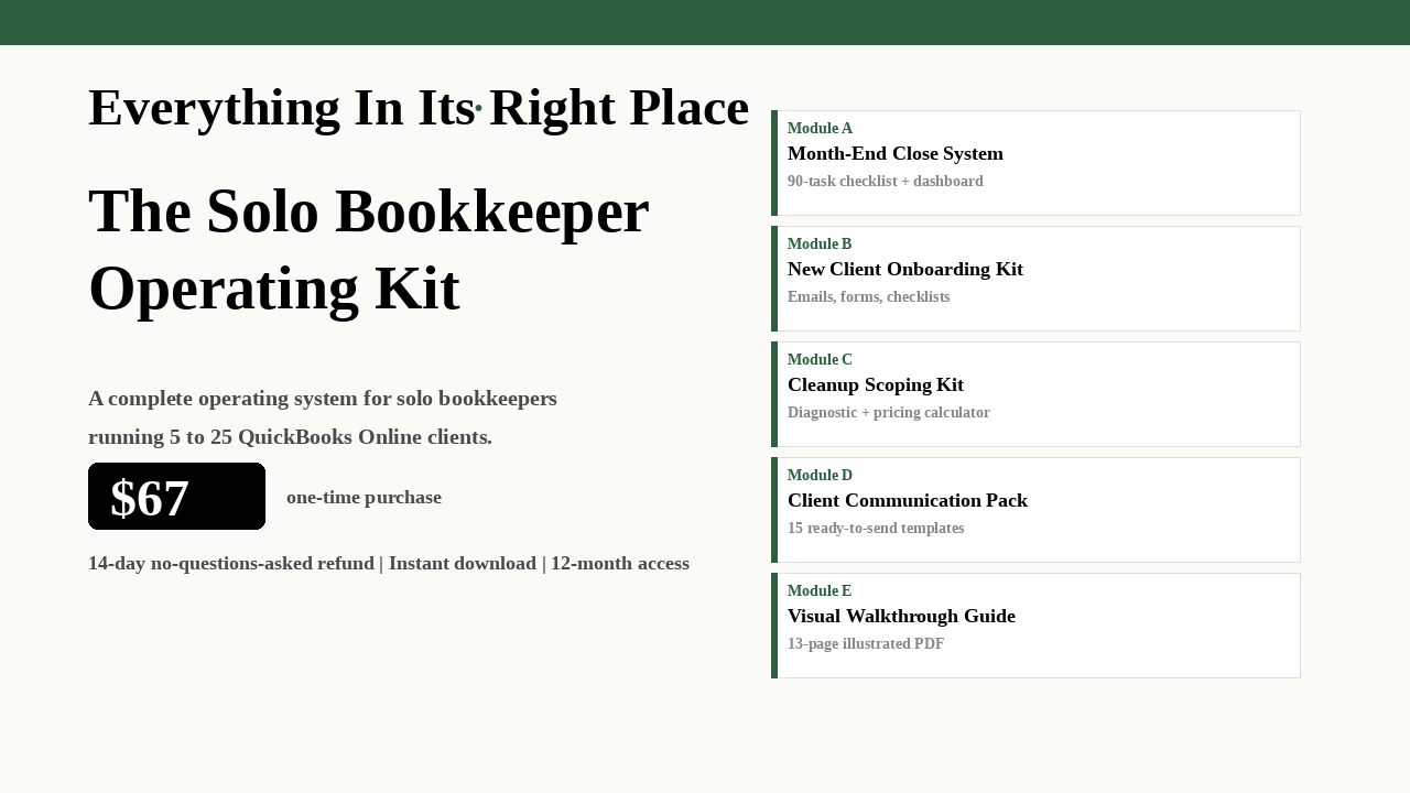 The Solo Bookkeeper Operating Kit - four modules covering month-end close, client onboarding, cleanup scoping, and client communication